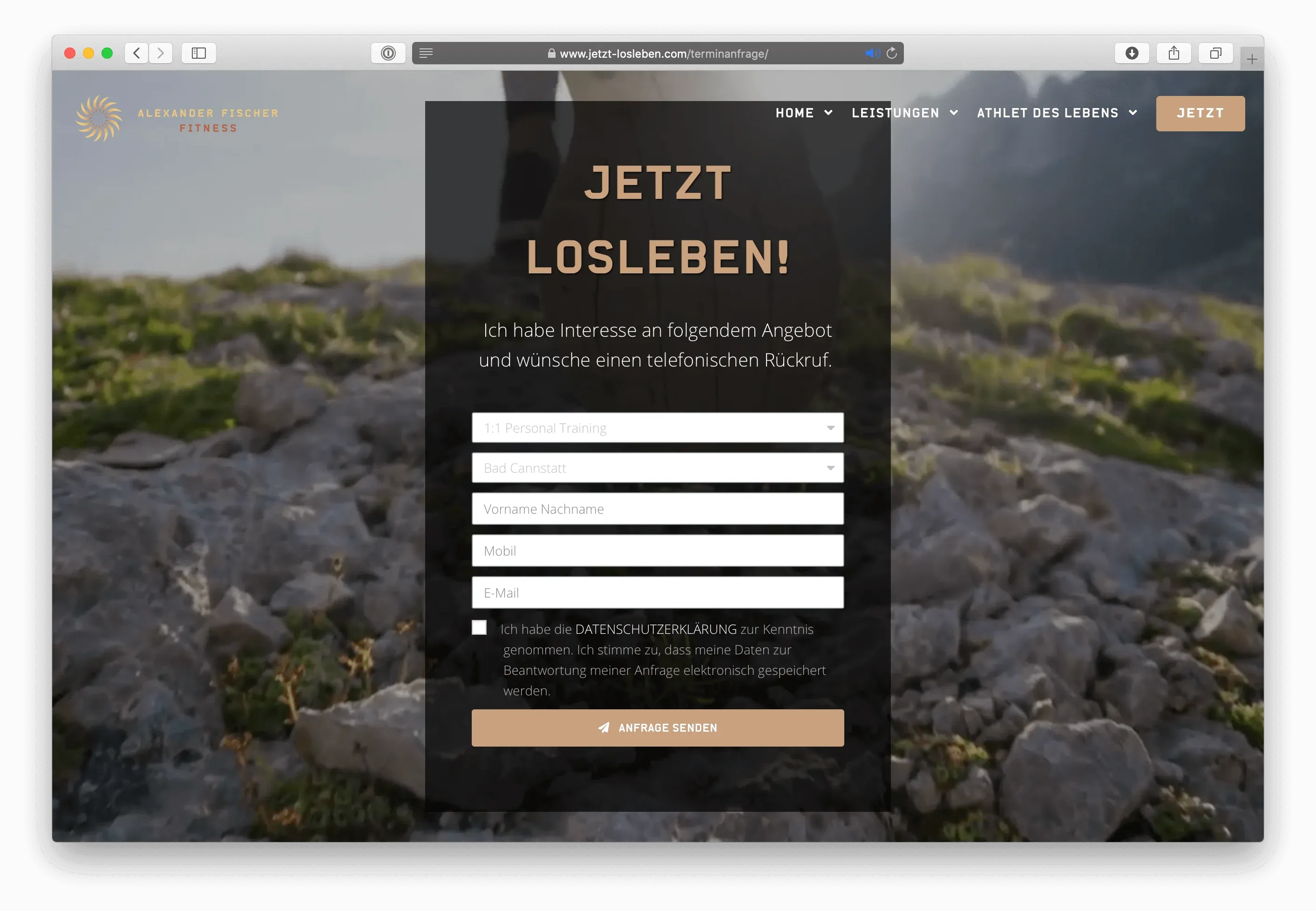 Zielseite mit Formular für Anfragen