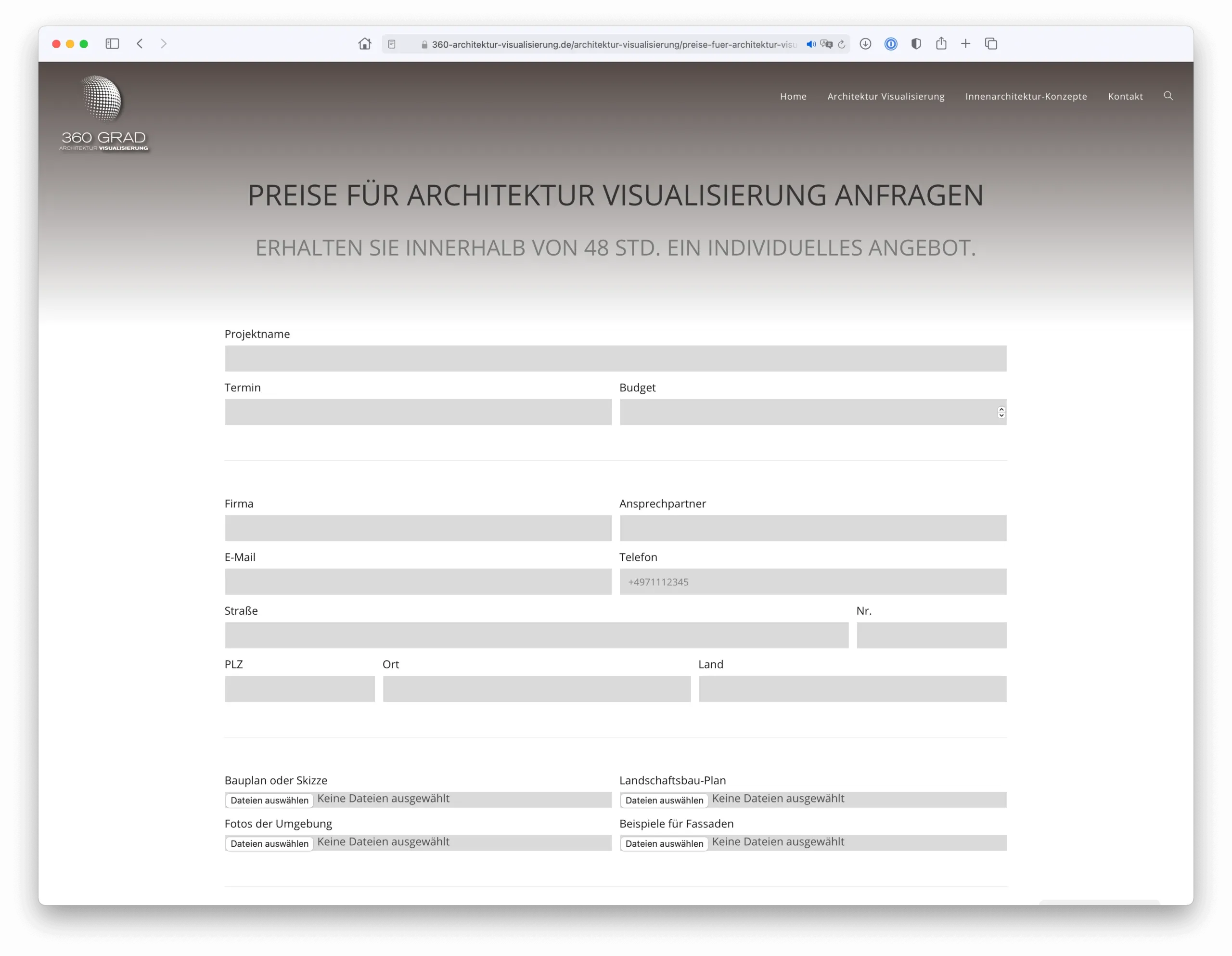 Anfrage Formular für Projekte