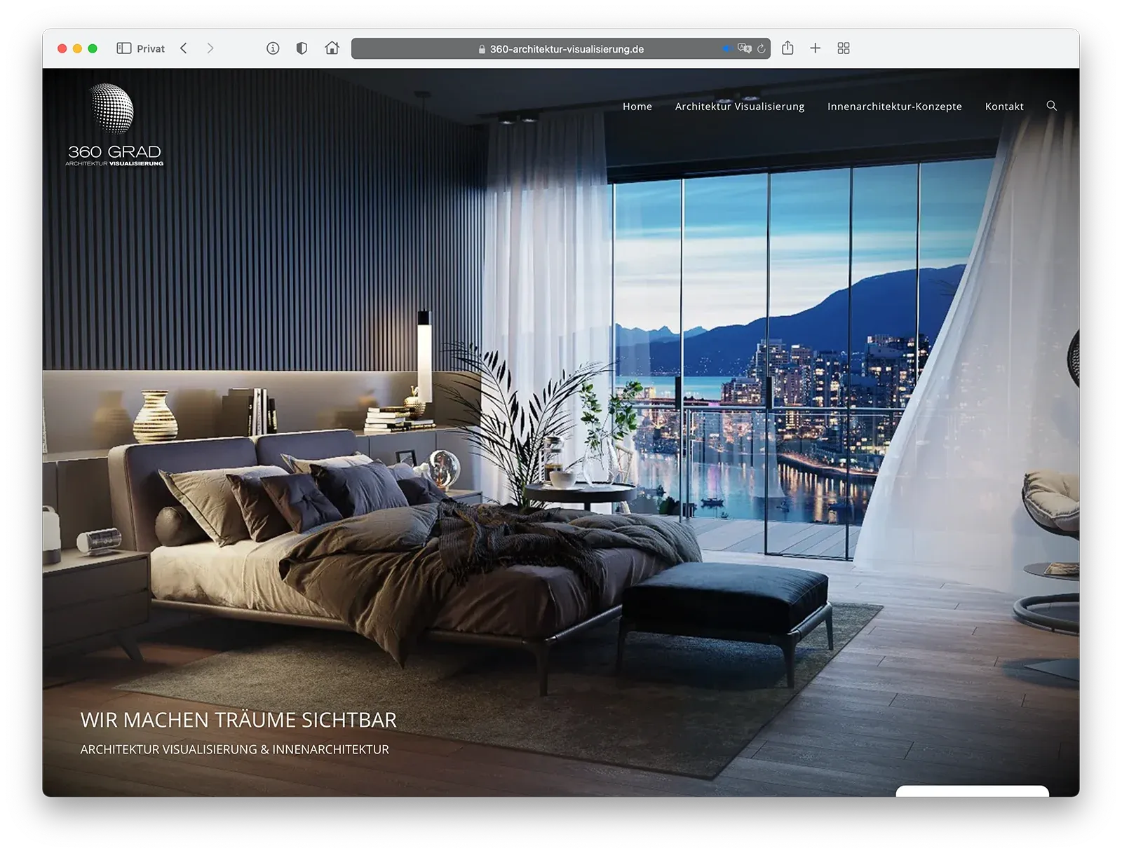Webdesign für 360° Architektur-Visualisierung Ludwigsburg – 3D-Ansicht eines Schlafzimmers auf der Homepage.